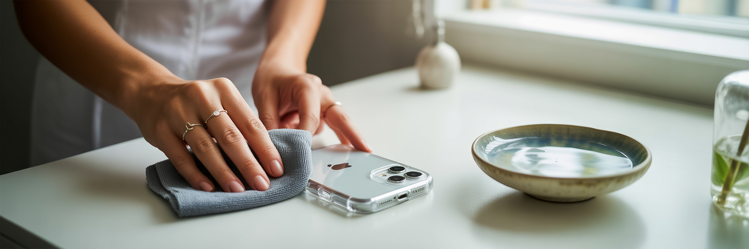 Woman cleaning clear iPhone case carefully.