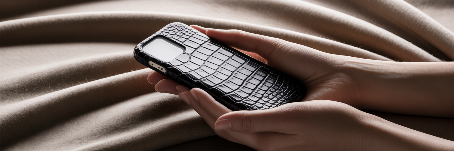 Woman holding black crocodile texture iPhone case.