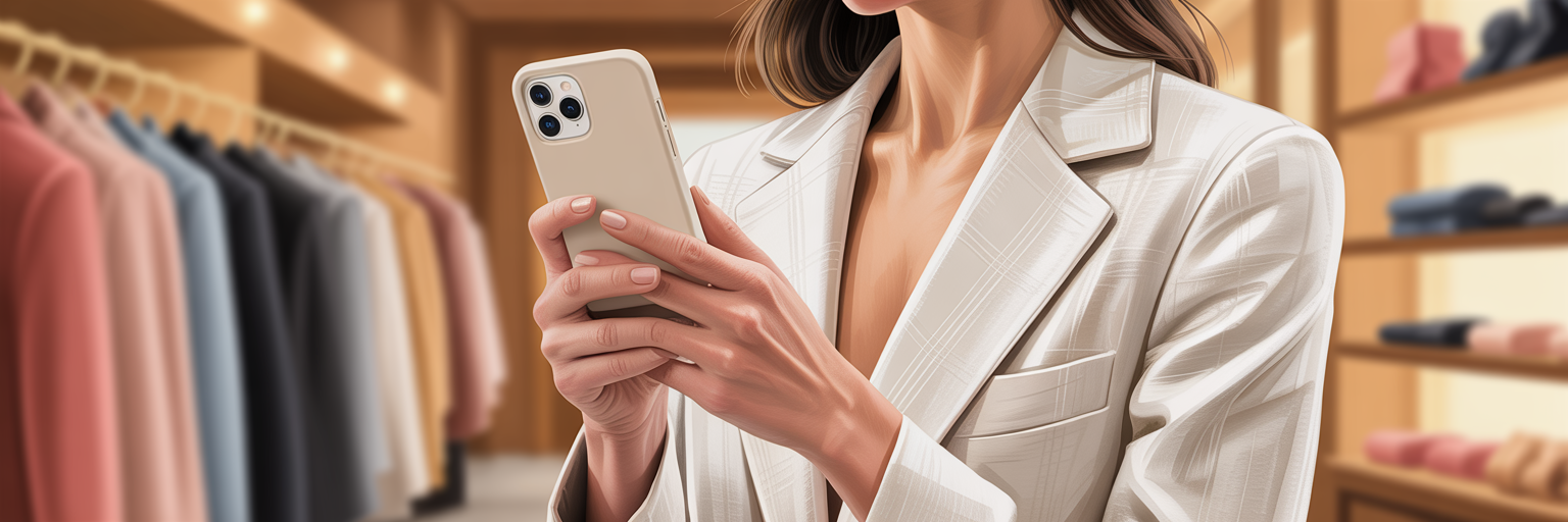 Woman holding iPhone in beige rectangle case.