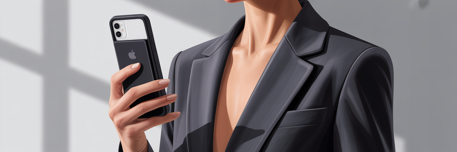 Woman holding iPhone in black rectangle case.