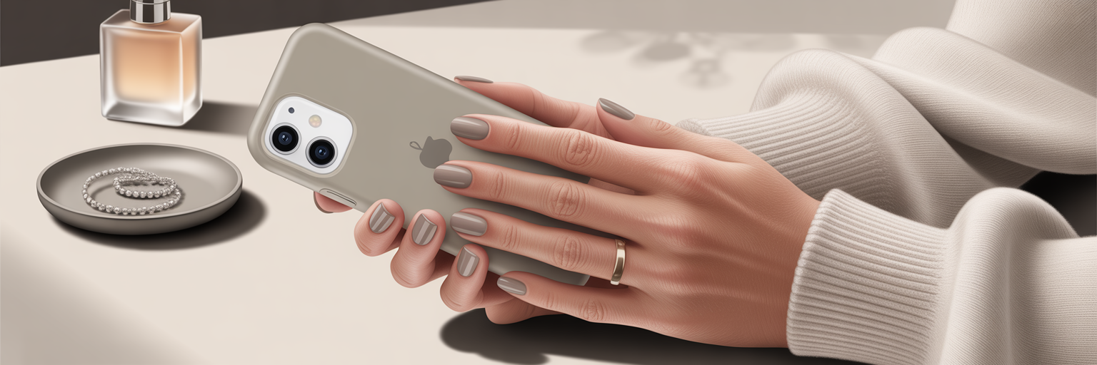 Woman holding iPhone in minimalist rectangle case.
