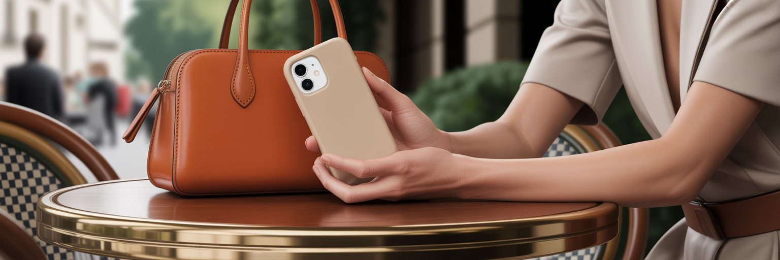 Woman holding iPhone in minimalist rectangle case.