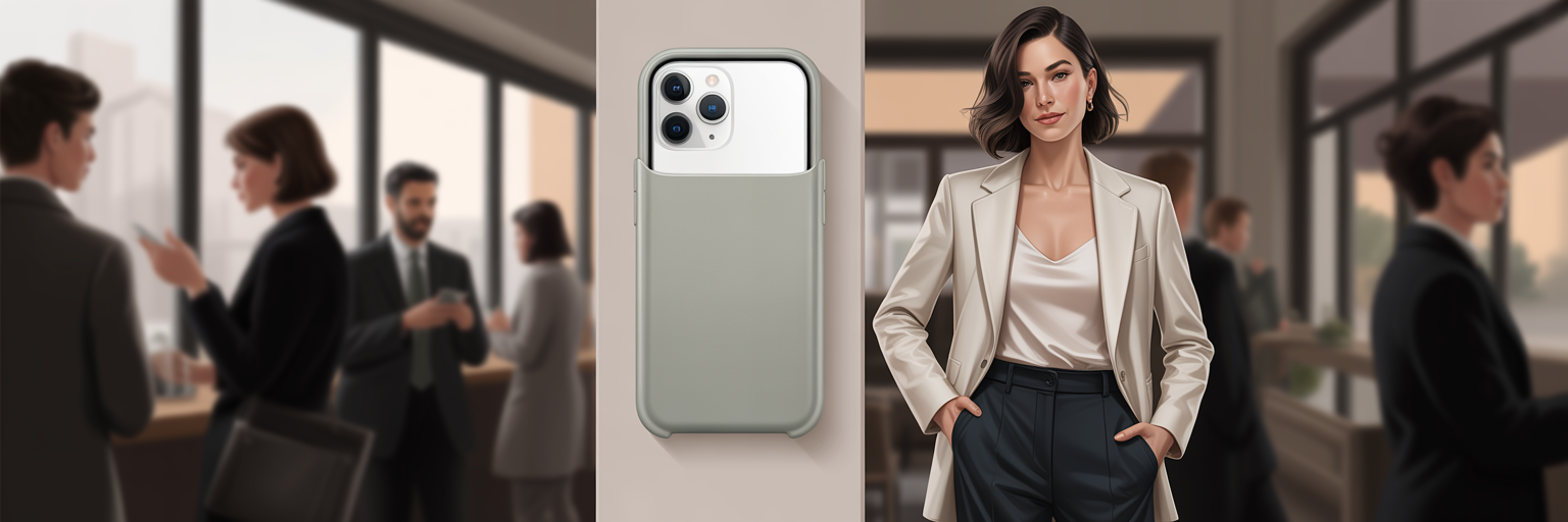 Woman holding iPhone in stylish rectangle case