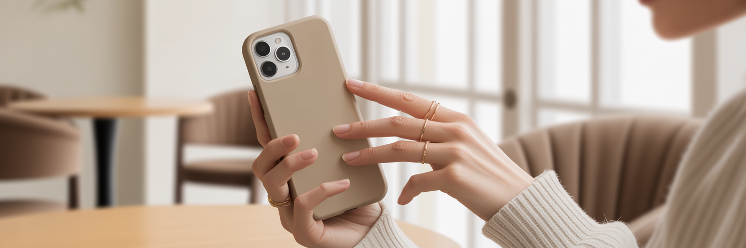 Woman holding iPhone with minimalist rectangle case.