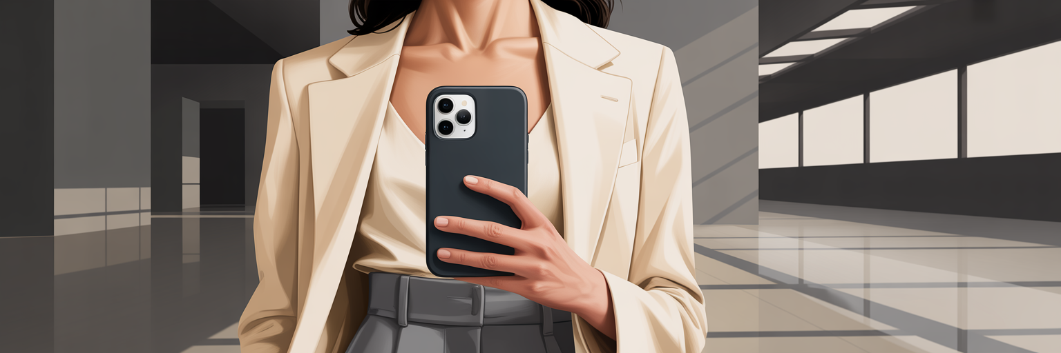 Woman holding iPhone with rectangle case.