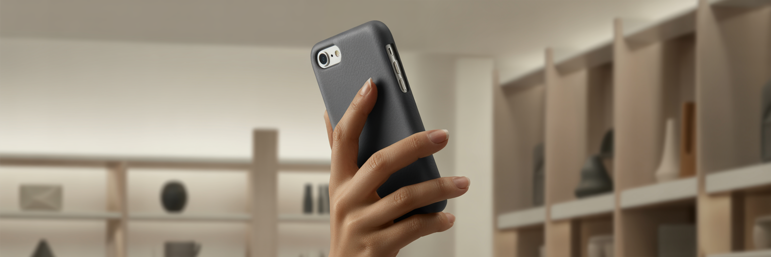 Woman holding iPhone with slim rectangle case