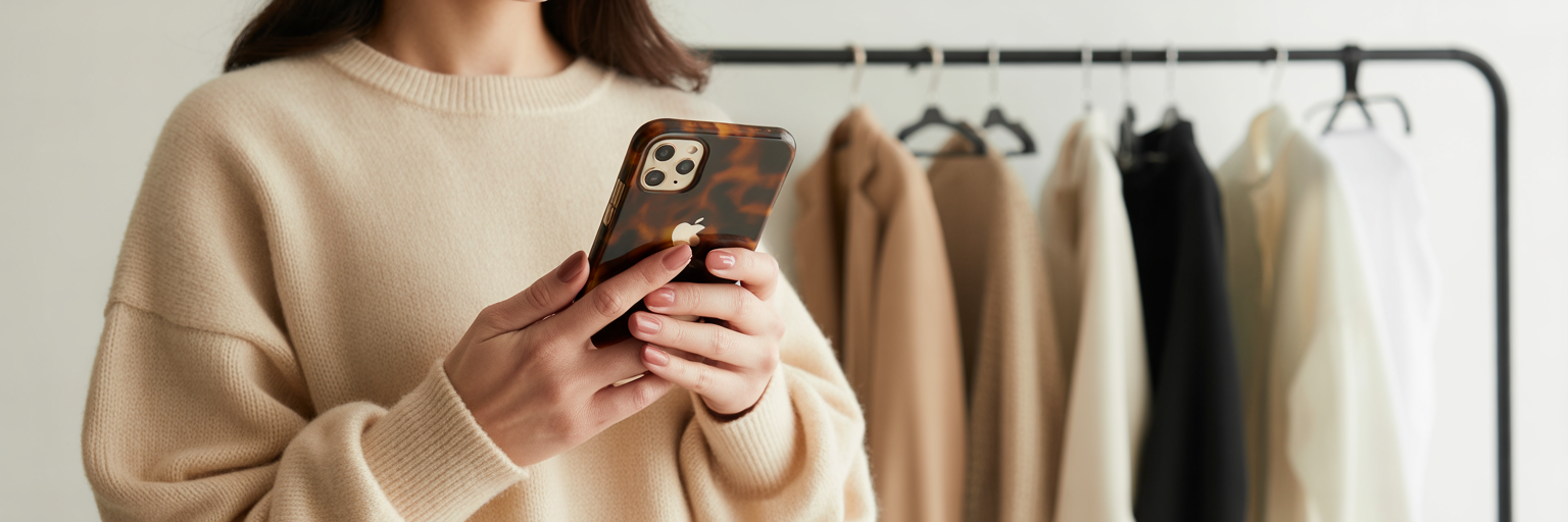 Woman holding tortoiseshell iPhone case with neutral wardrobe.