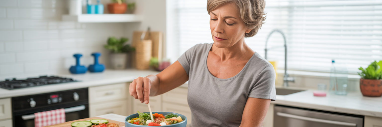 Woman in her 50s preparing a healthy meal.
