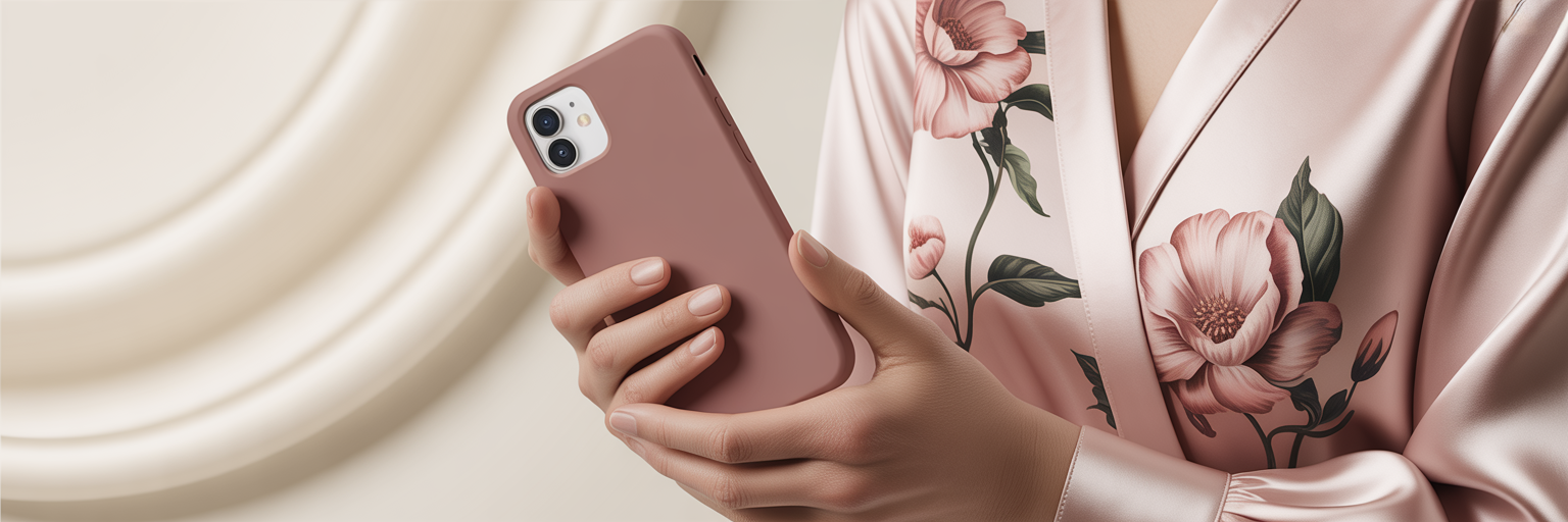 Woman matching phone case to floral blouse