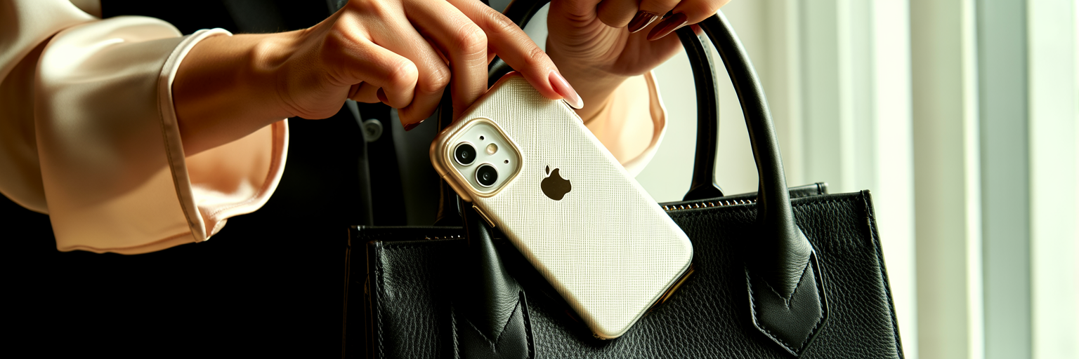 Woman placing iPhone in stylish handbag.