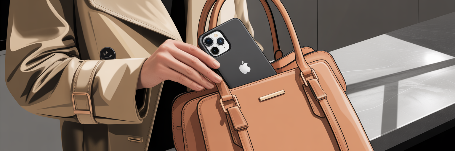 Woman placing iPhone in stylish handbag.