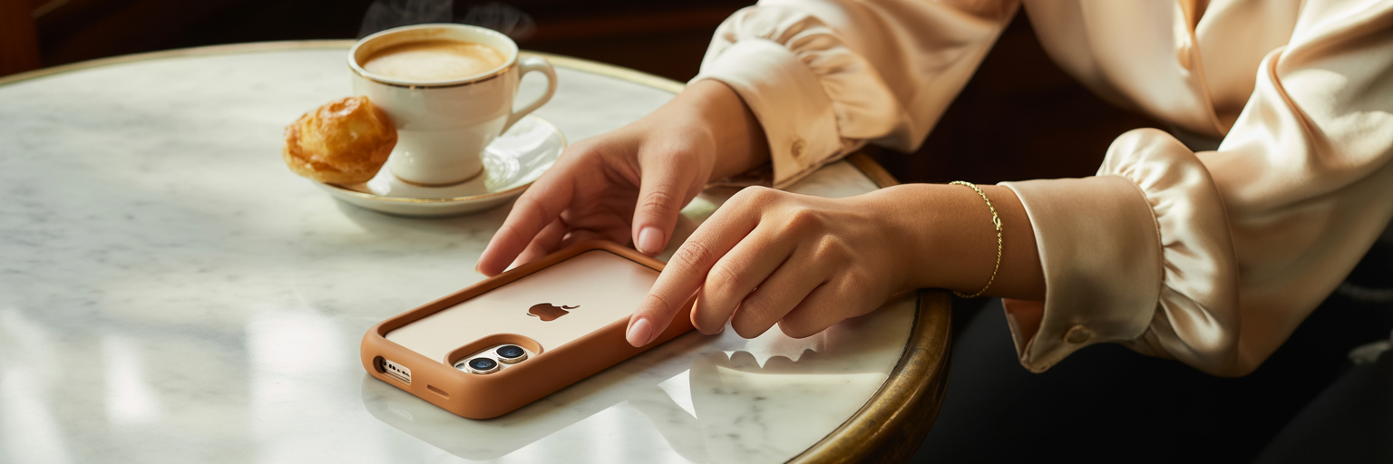 Woman placing iPhone with mocha case on cafe table.