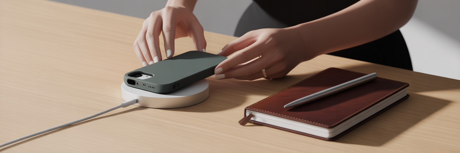 Woman placing minimalist iPhone case on MagSafe charger.