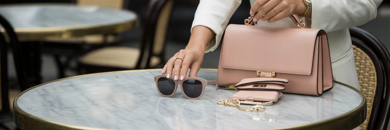 Woman's accessories on a marble table.