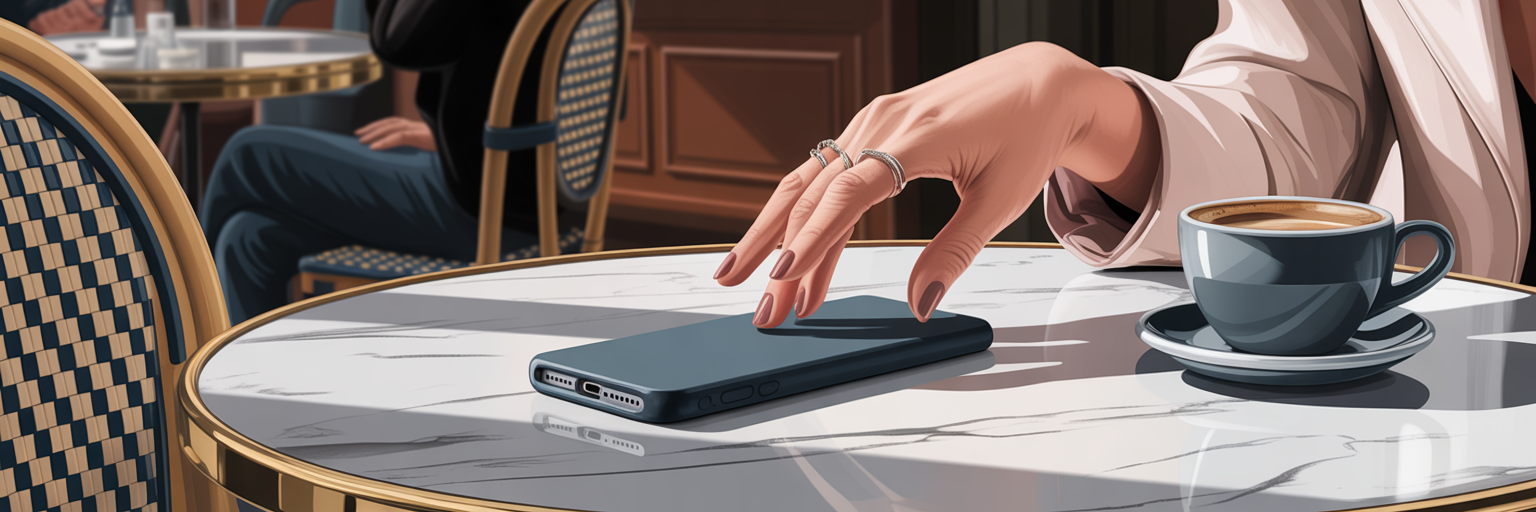 Woman's hand reaching for rectangle iPhone case.