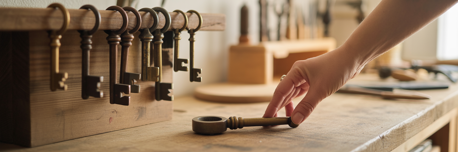 Woman's hand selecting a key from a board.