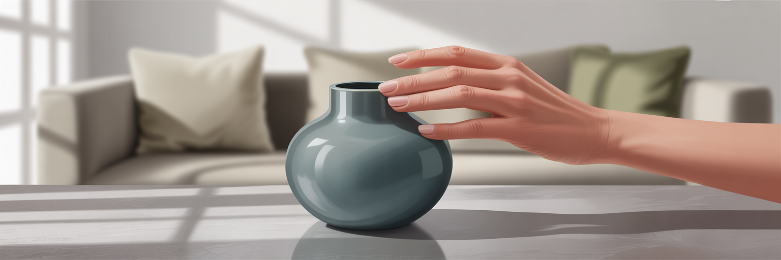 Woman's hand touching a smooth matte vase.
