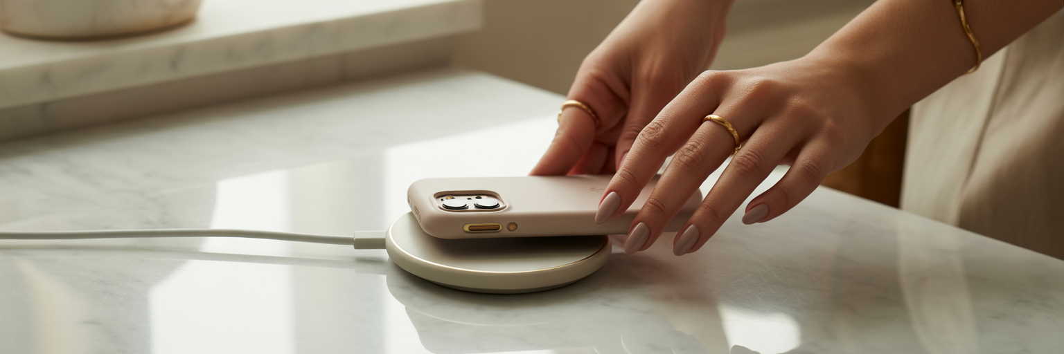 Woman's hands placing iPhone case on MagSafe charger.