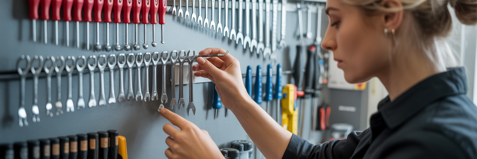 Woman selecting a precision tool from rack.