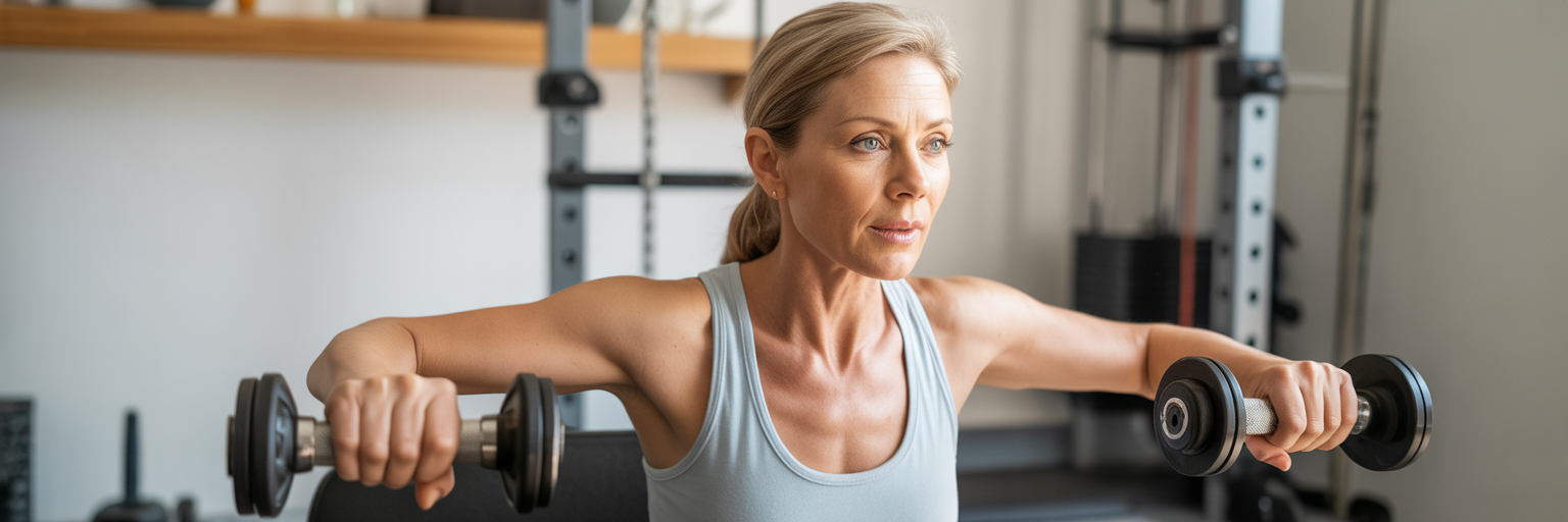 Woman strength training with dumbbells.