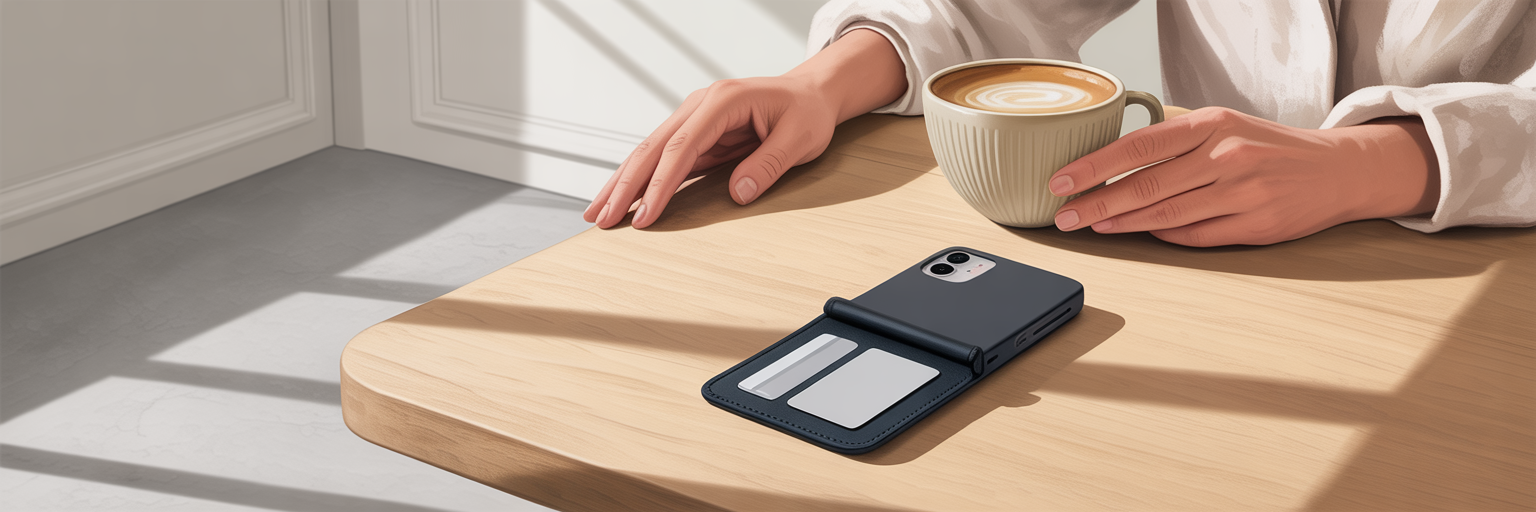 Woman using iPhone with detachable wallet case in cafe.