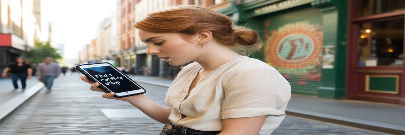 Woman using voice search on smartphone in Australia.