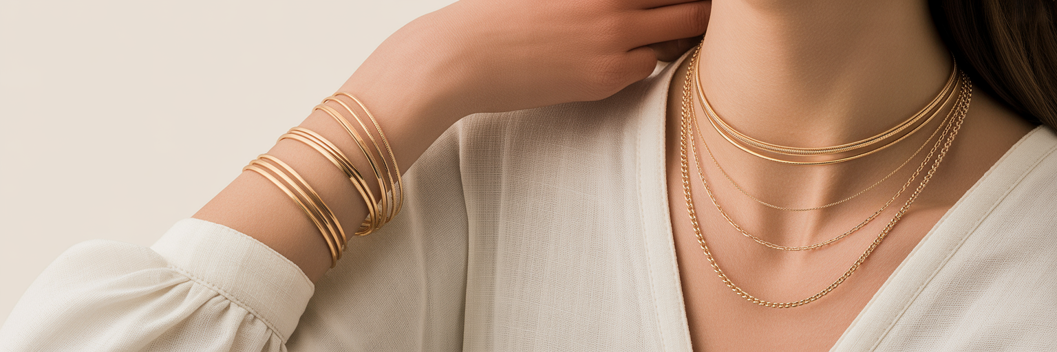 Woman wearing layered delicate gold-tone jewellery.