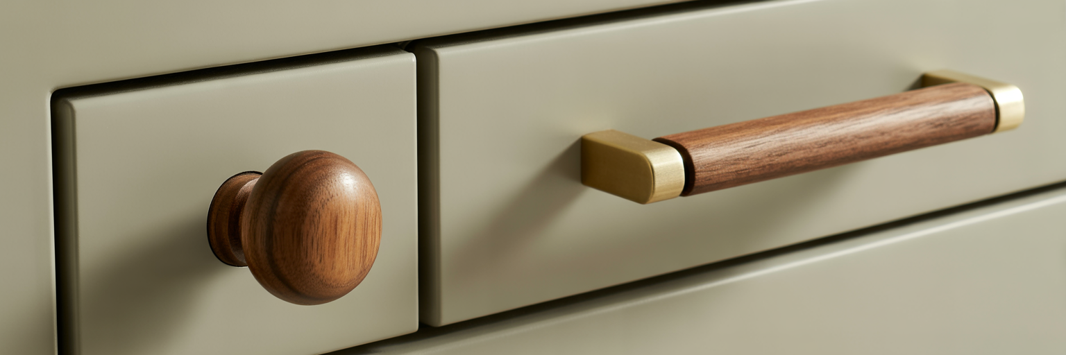 Wood cabinet knob beside wood pull