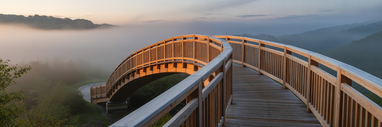 Wooden bridge over a misty Virginia valley at dawn.
