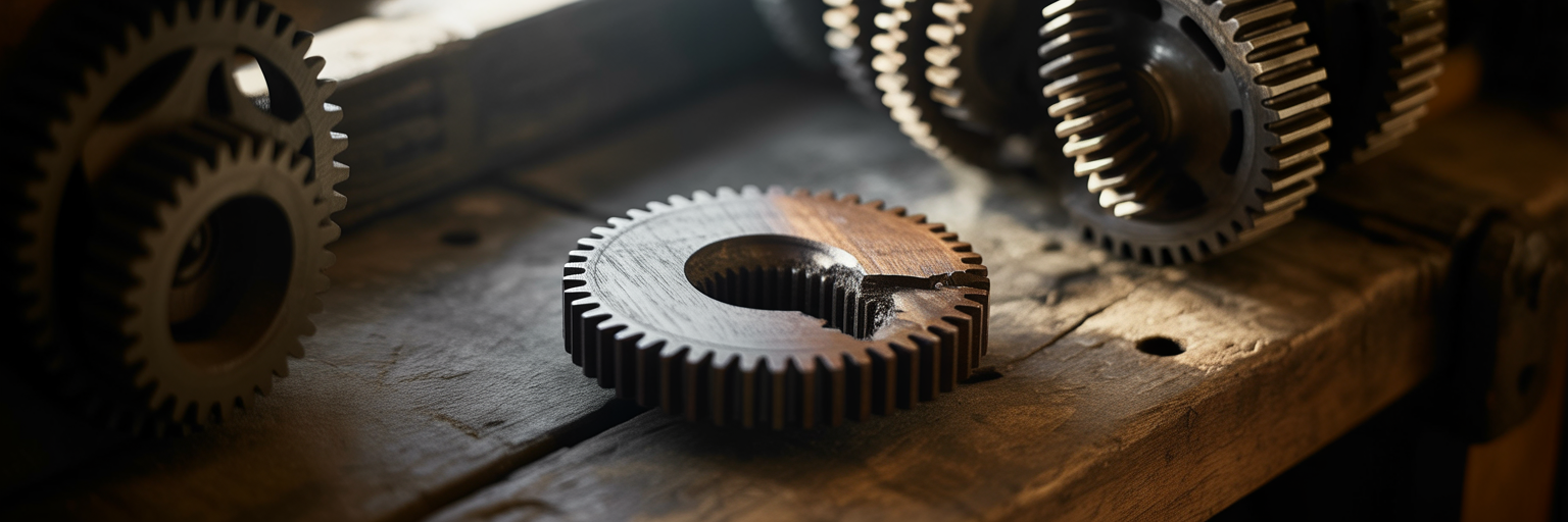 Wooden gears cracking in a chain reaction.