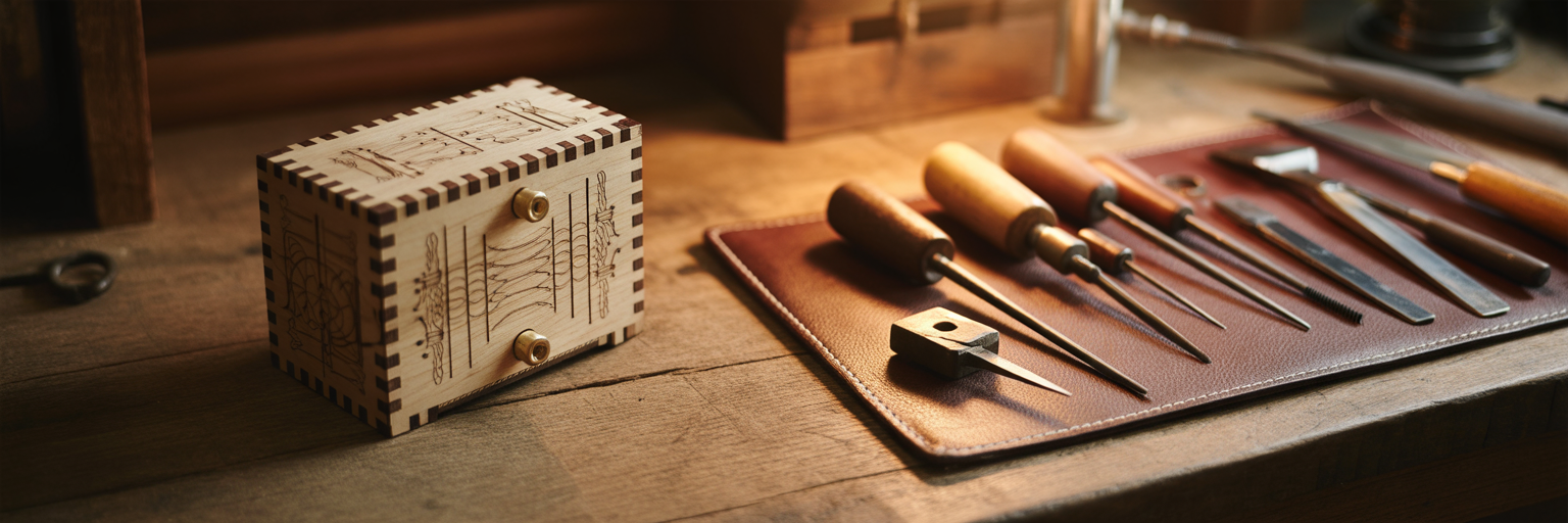 Wooden puzzle box and tools on a workbench.