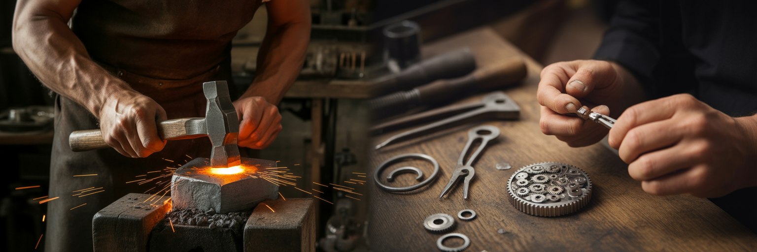 Workbench comparing blacksmithing and watchmaking tools.