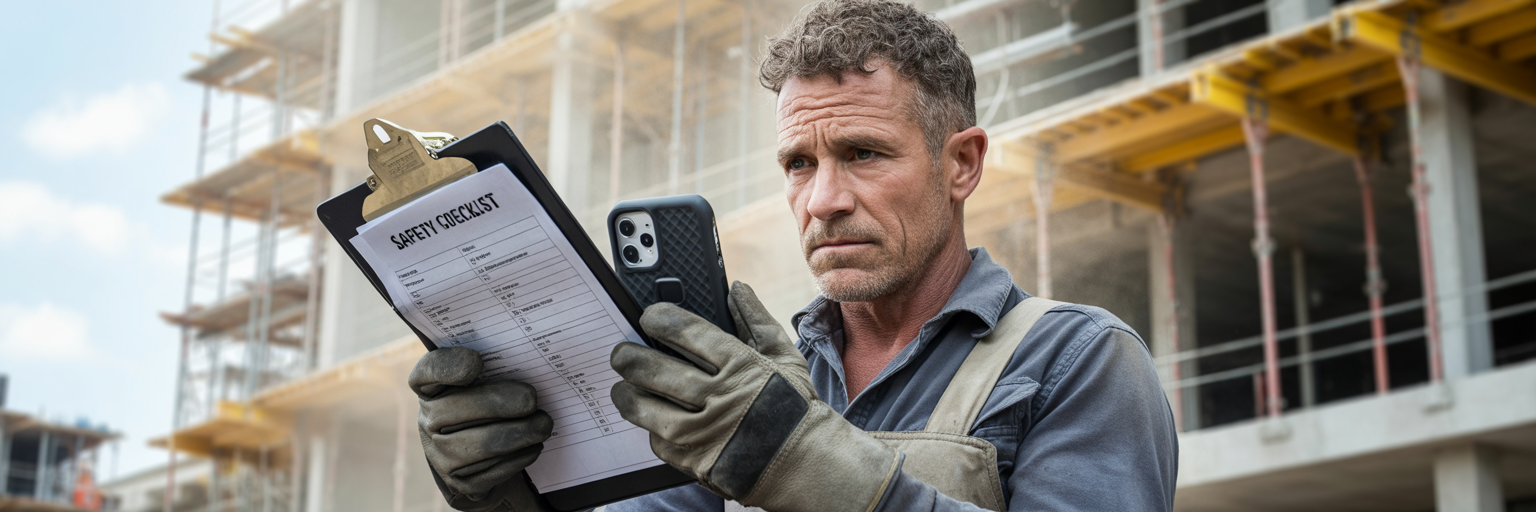 Worker deciding on rugged phone case.