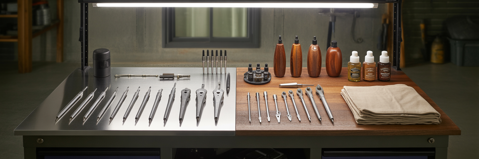 Workshop bench with precision and maintenance tools.