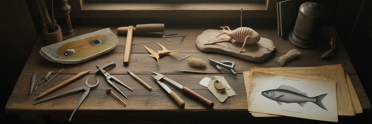 Workshop bench with tools and biological decoy parts.