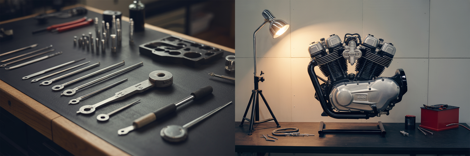 Workshop showing efficiency tools vs performance engine.