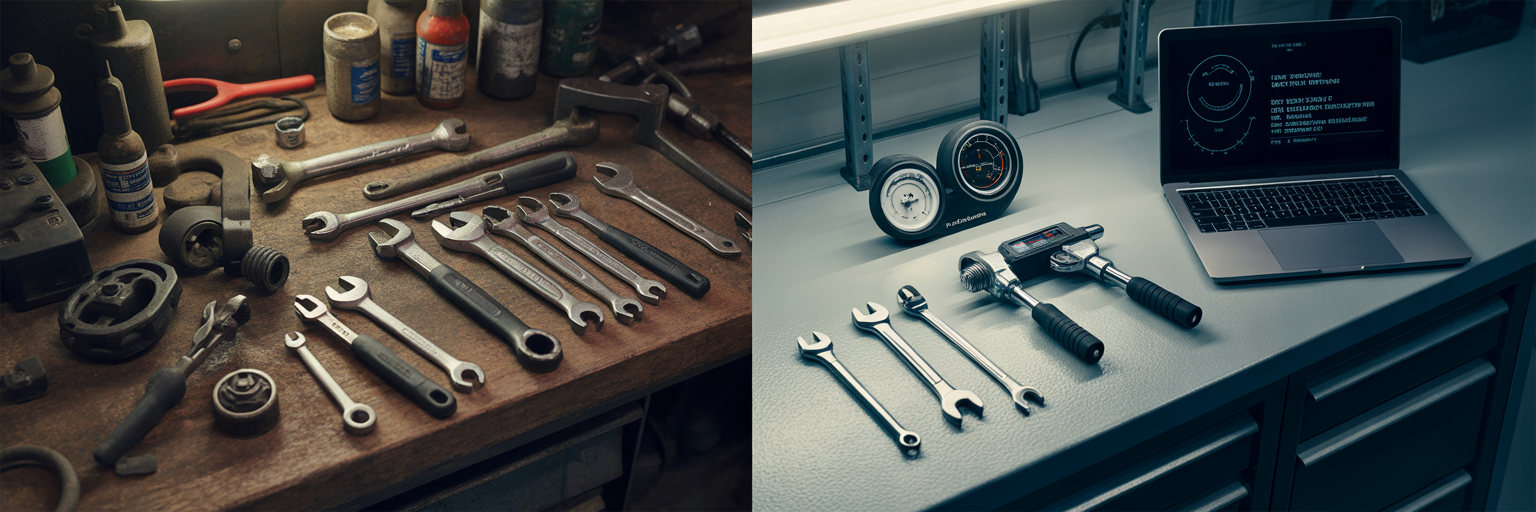 Workshop split between rugged and precision tools.