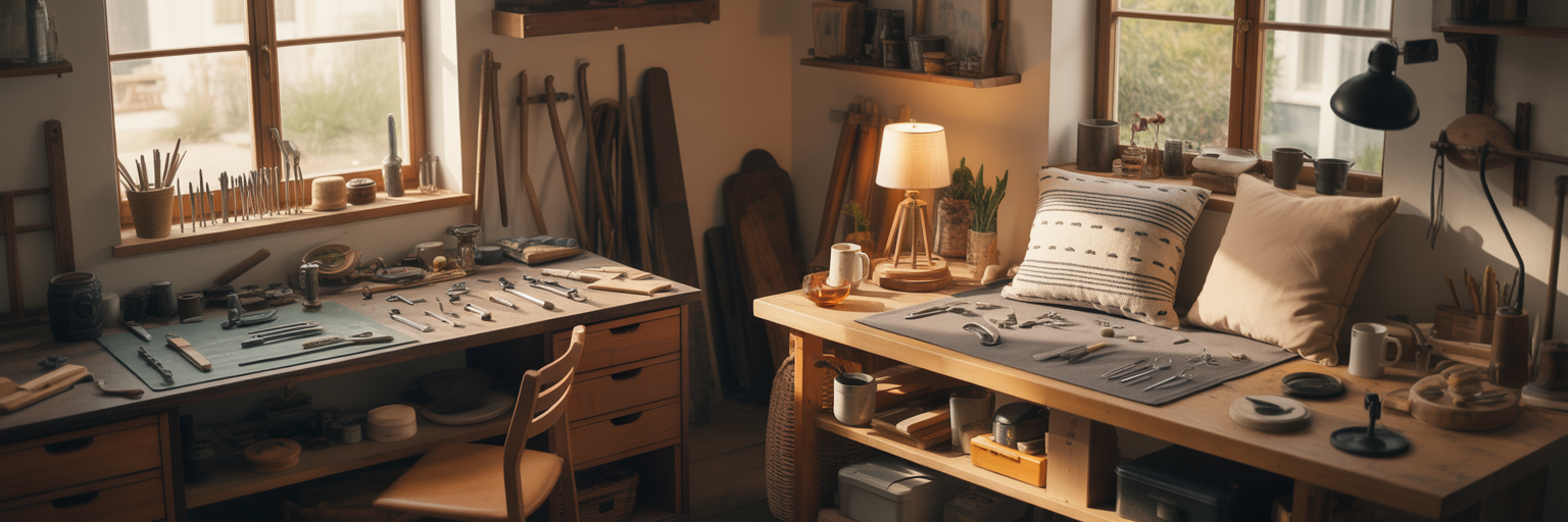 Workshop with tools and relaxation area