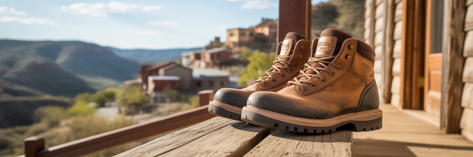 Worn hiking boots resting on a porch railing in Jerome.