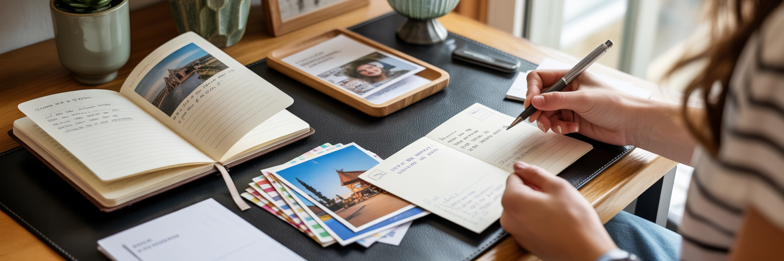 Writing postcards to travel friends at desk.