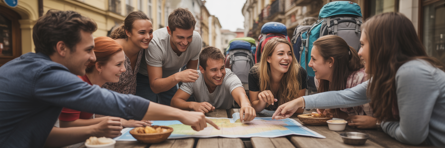 Young adults bonding over a map in a hostel.