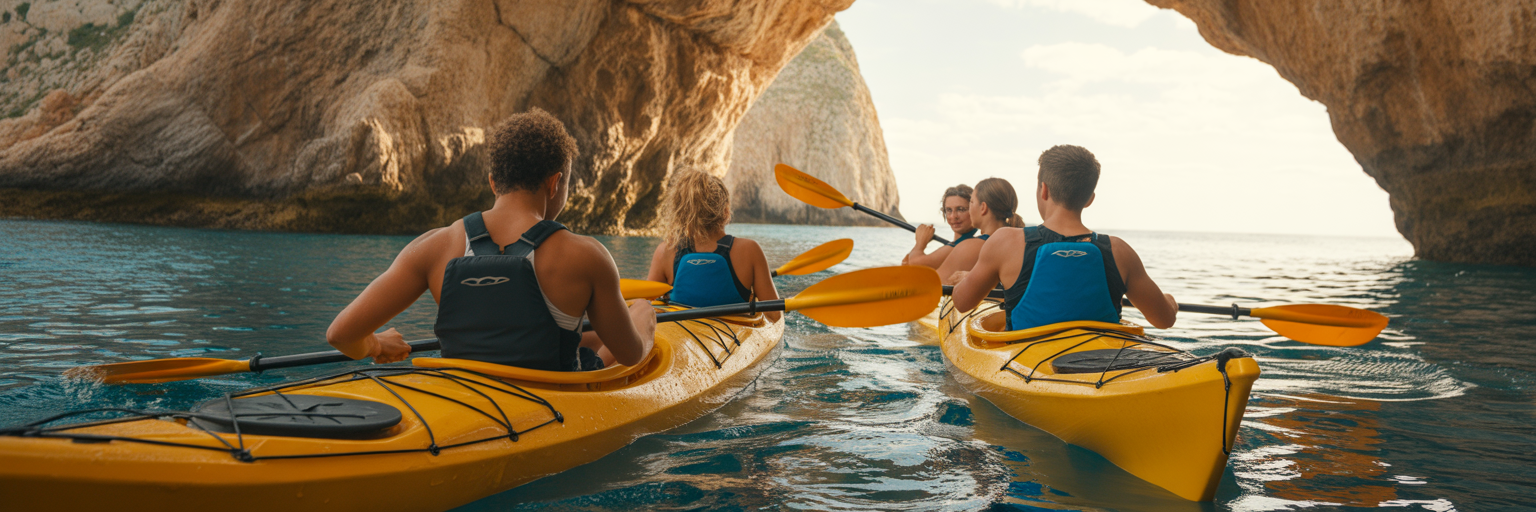 Young adults sea kayaking through a rock arch.