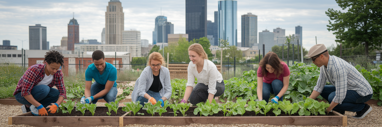 Young people planting in urban garden.