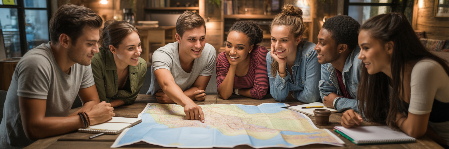 Young travelers planning a trip around a map.