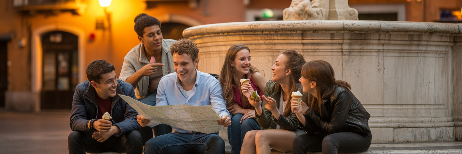 Young travelers relaxing by a fountain at dusk.