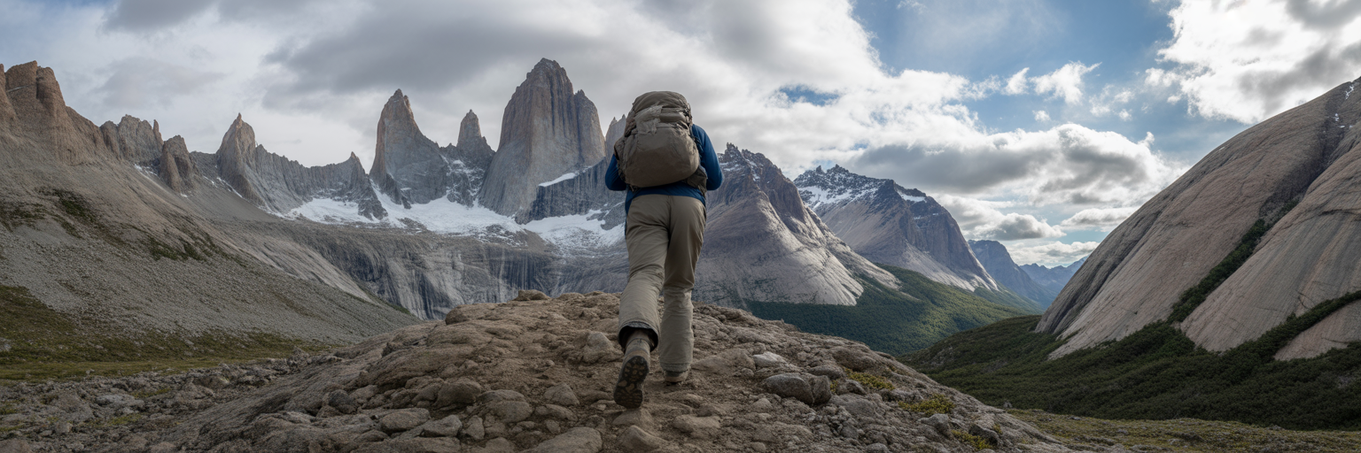 Young trekker pausing on a rugged mountain trail.