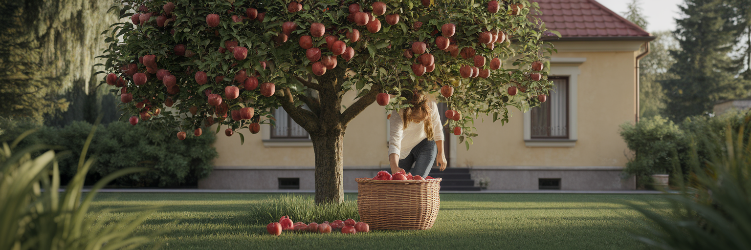 Zbiór dojrzałych jabłek do koszyka w ogrodzie.