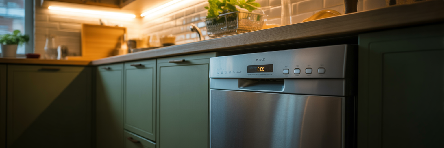 Zmywarka pracująca w nocy w kuchni.