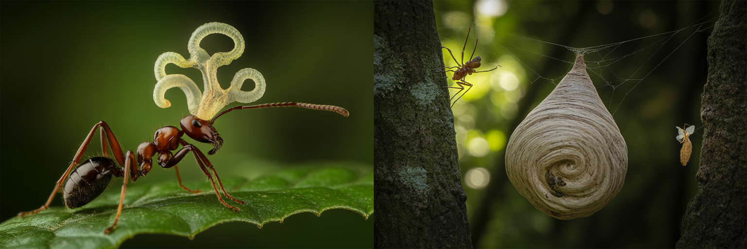 Zombie ant with fungus vs zombie spider web